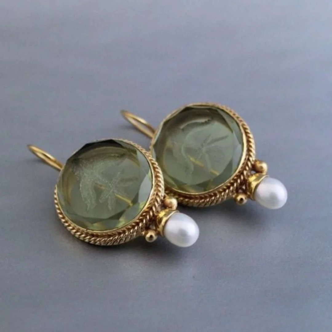 Retro Green Gem and Pearl Earrings