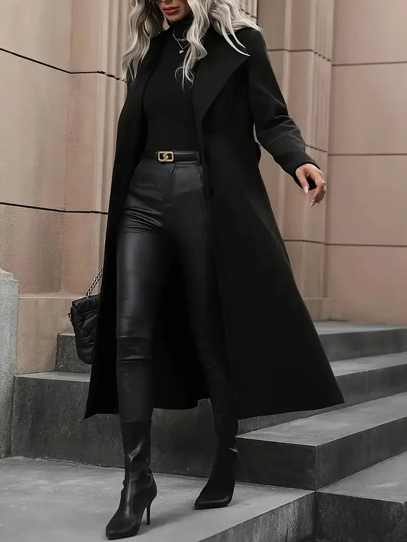 Chic Black Belted Long Trench Coat for Fall & Winter Wear