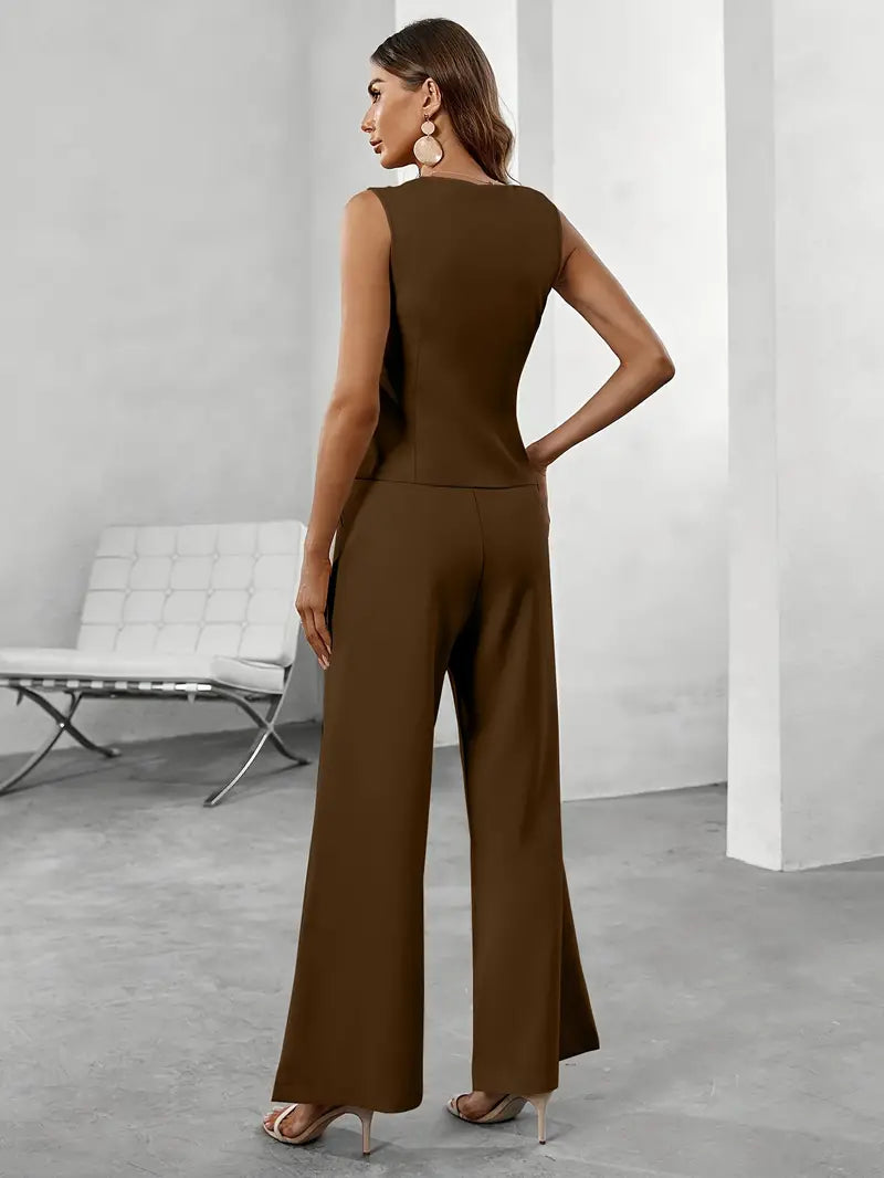 Chic Women's Sleeveless Blazer & Wide-Leg Trousers for Office or Events