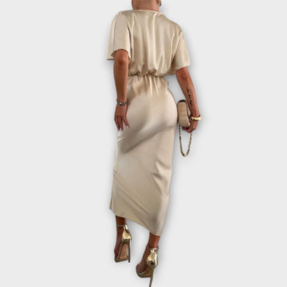 Sable Satin V-Neck Cross Knot Maxi Dress for Events