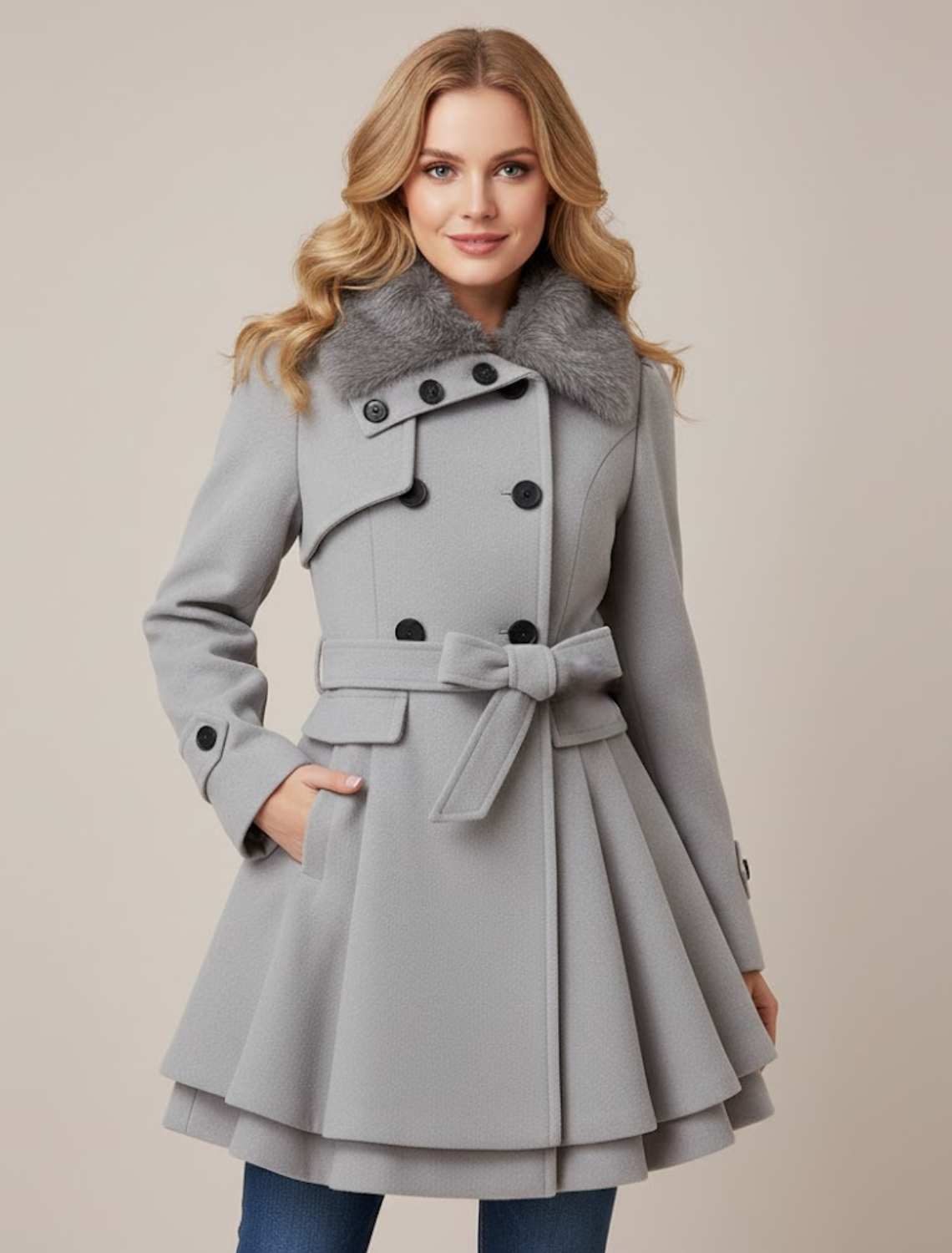 Chic Double-Breasted Belted Coat with Faux Fur Collar for Stylish Occasions