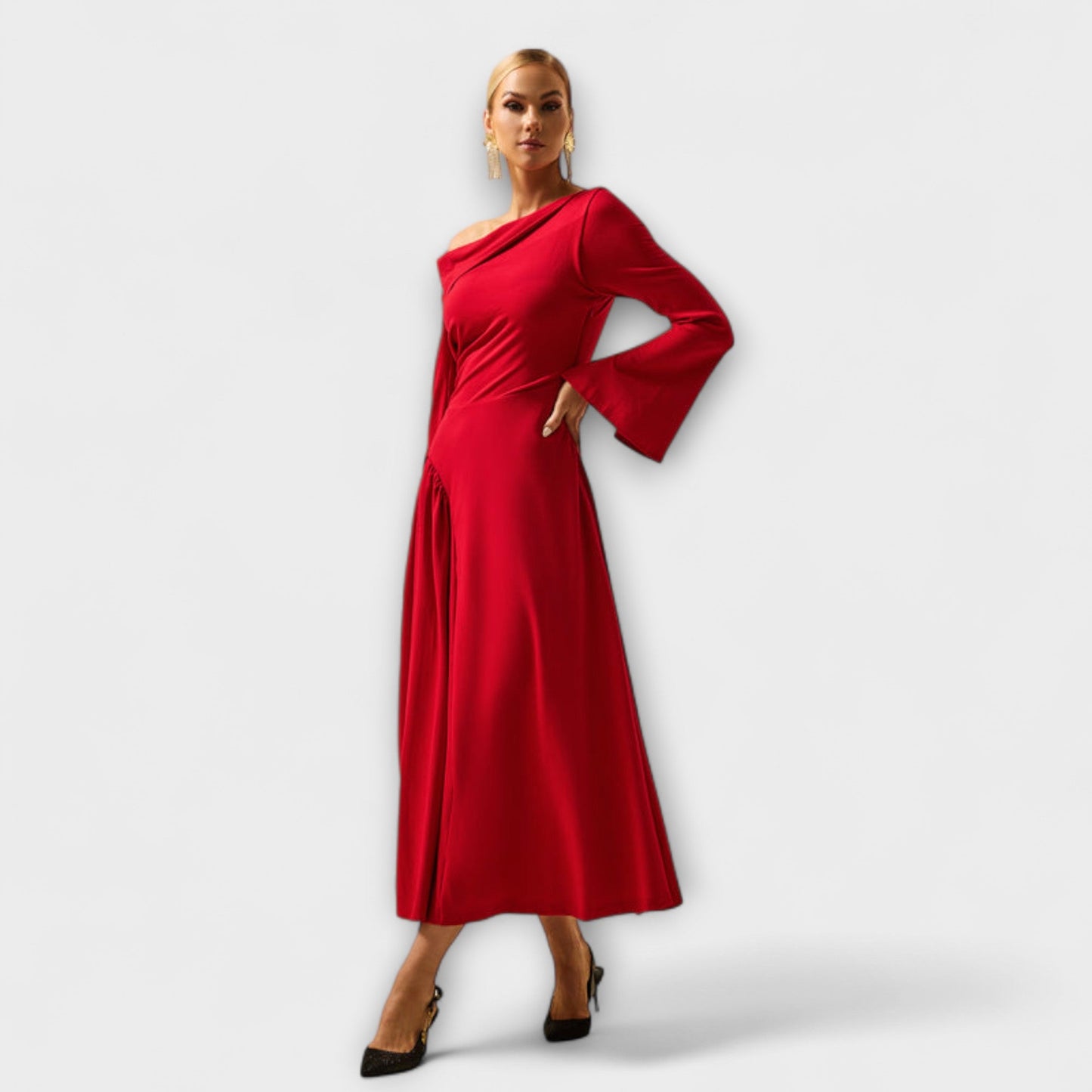 Chic Off-Shoulder Midi Dress with Balloon Sleeves for Any Occasion