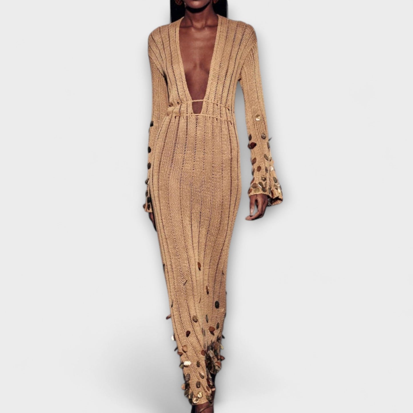 Kathleen Gold Knit Maxi Dress for Chic Events