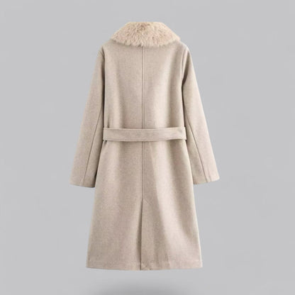 Chic Beige Double-Breasted Trench Coat with Faux Fur Collar for Stylish Outings
