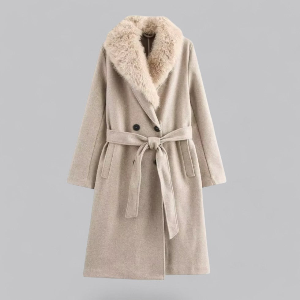 Chic Beige Double-Breasted Trench Coat with Faux Fur Collar for Stylish Outings