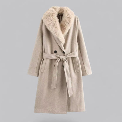 Chic Beige Double-Breasted Trench Coat with Faux Fur Collar for Stylish Outings