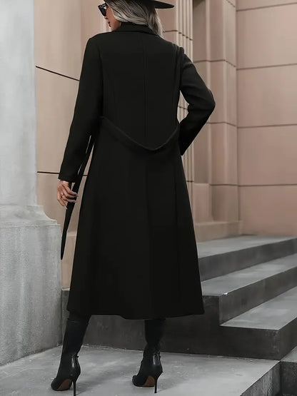 Chic Black Belted Long Trench Coat for Fall & Winter Wear