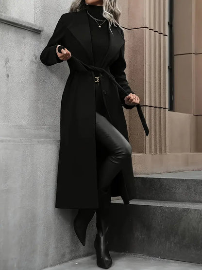 Chic Black Belted Long Trench Coat for Fall & Winter Wear