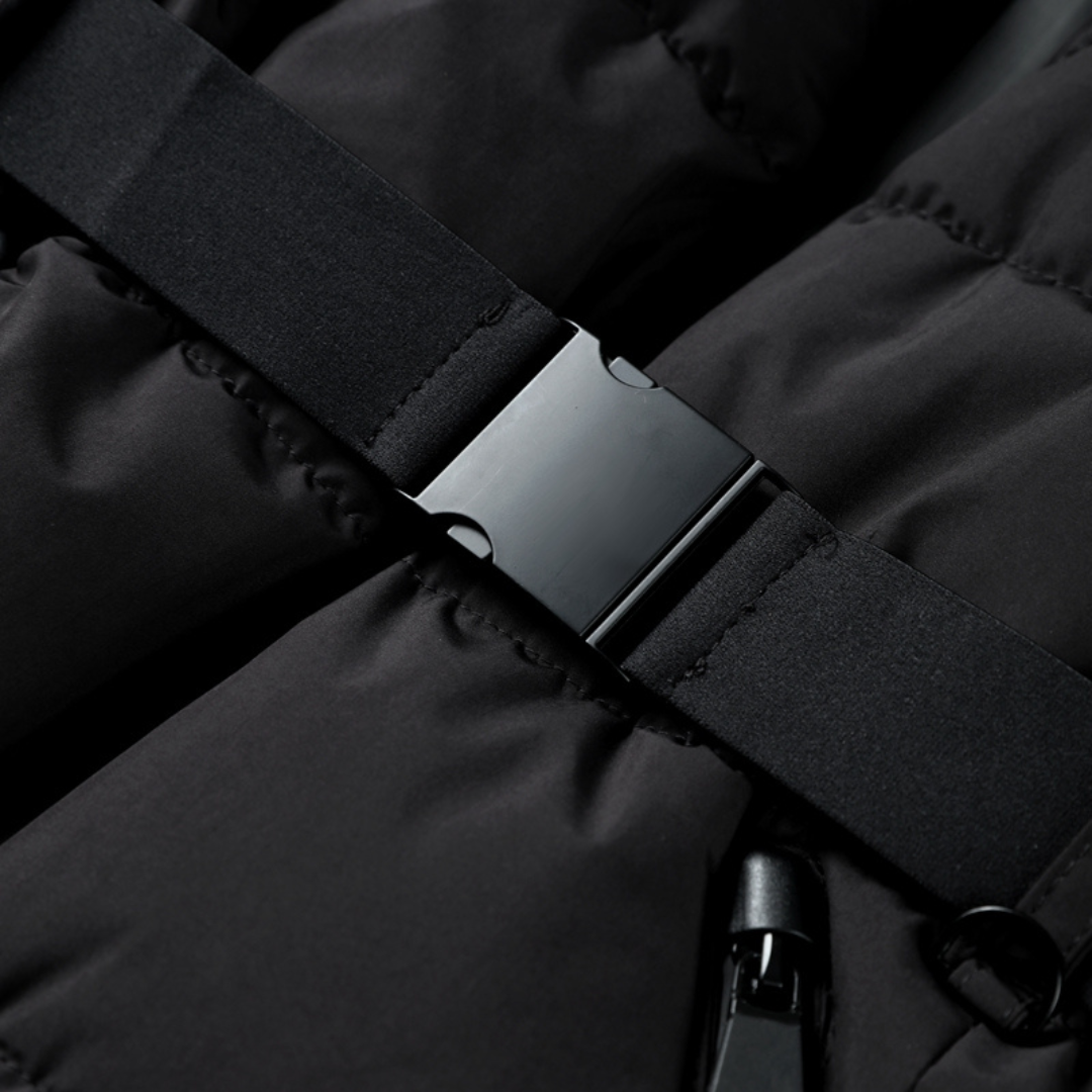 Women's Black Insulated Puffer Jacket with Belt - Ideal for Outdoor Wear