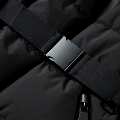 Women's Black Insulated Puffer Jacket with Belt - Ideal for Outdoor Wear