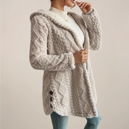 Women’s Cream Jacquard Plush Hooded Jacket for All Seasons