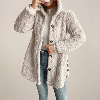 Women’s Cream Jacquard Plush Hooded Jacket for All Seasons
