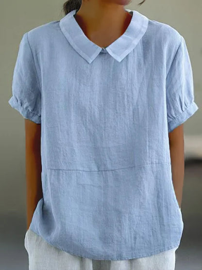 Women’s Linen Short Sleeve Blouse with Peter Pan Collar for Everyday Wear
