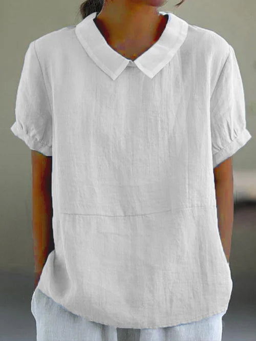 Women’s Linen Short Sleeve Blouse with Peter Pan Collar for Everyday Wear