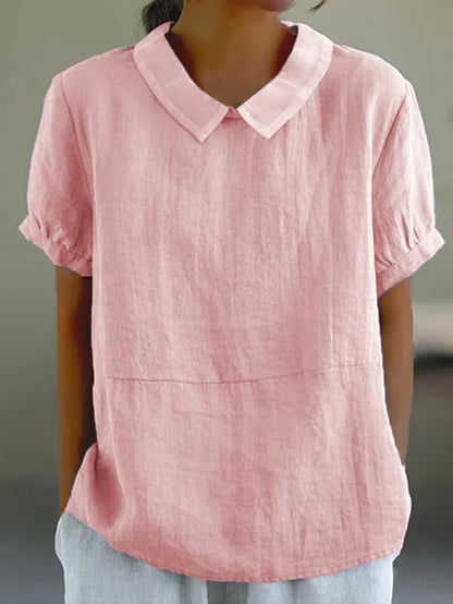 Women’s Linen Short Sleeve Blouse with Peter Pan Collar for Everyday Wear