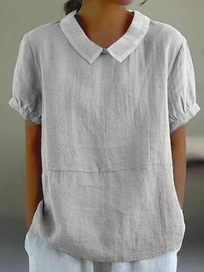 Women’s Linen Short Sleeve Blouse with Peter Pan Collar for Everyday Wear
