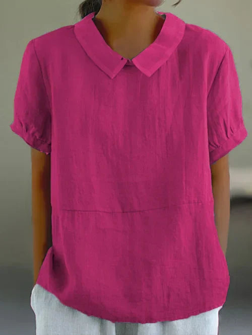 Women’s Linen Short Sleeve Blouse with Peter Pan Collar for Everyday Wear