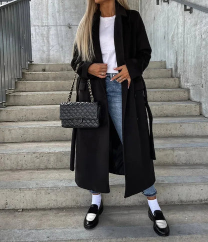 Chic Women’s Long Double-Breasted Winter Coat - Stylish Belted Overcoat