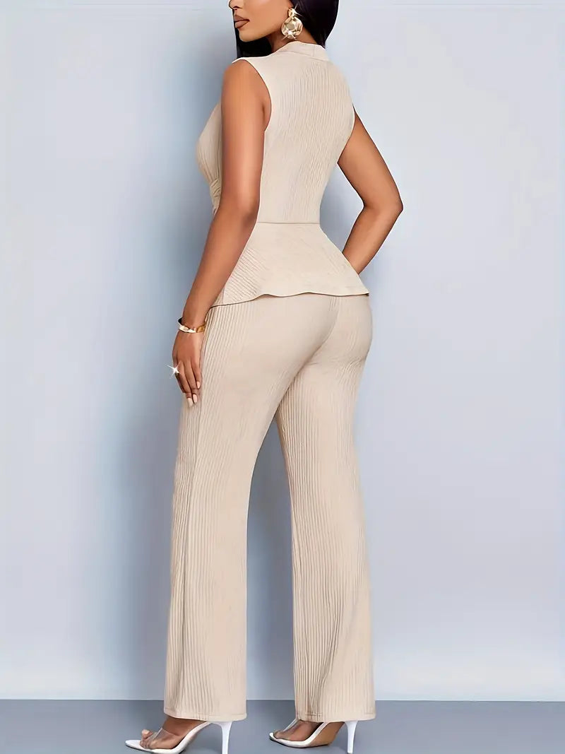 Chic Women's Sleeveless Wrap Top & Flared Pants Ensemble