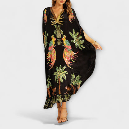 Linda - Chic Asymmetrical Shoulder Dress with Tropical Coconut Tree Design