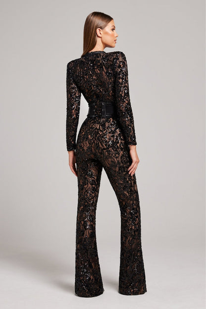 Women's Sequin Lace Long Sleeve Jumpsuit | Sheer Accents & Flared Trousers for Parties