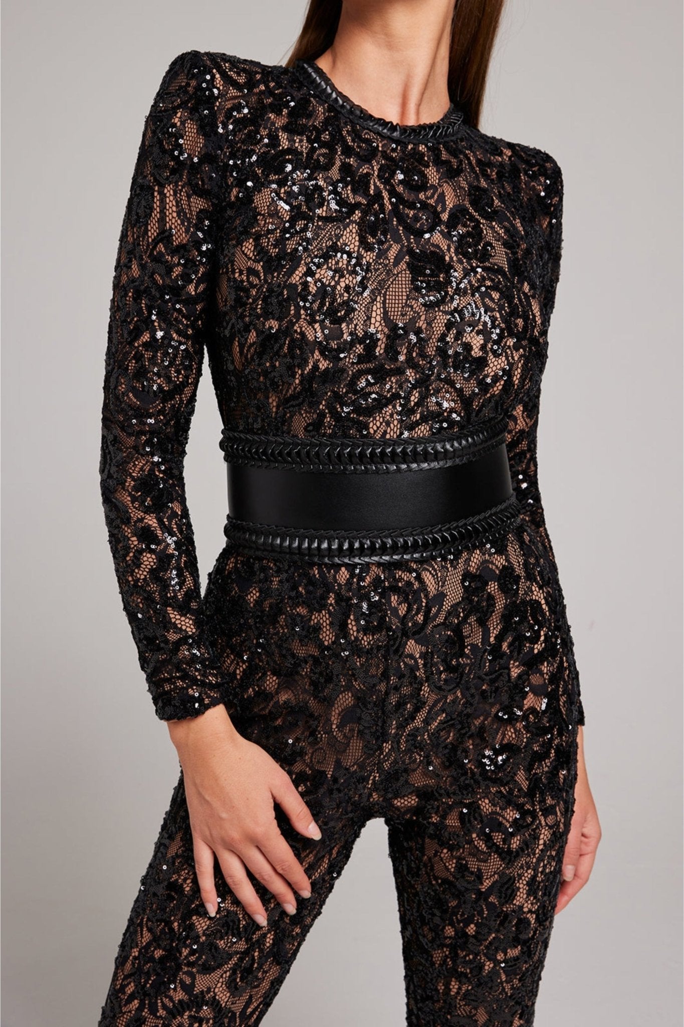Women's Sequin Lace Long Sleeve Jumpsuit | Sheer Accents & Flared Trousers for Parties