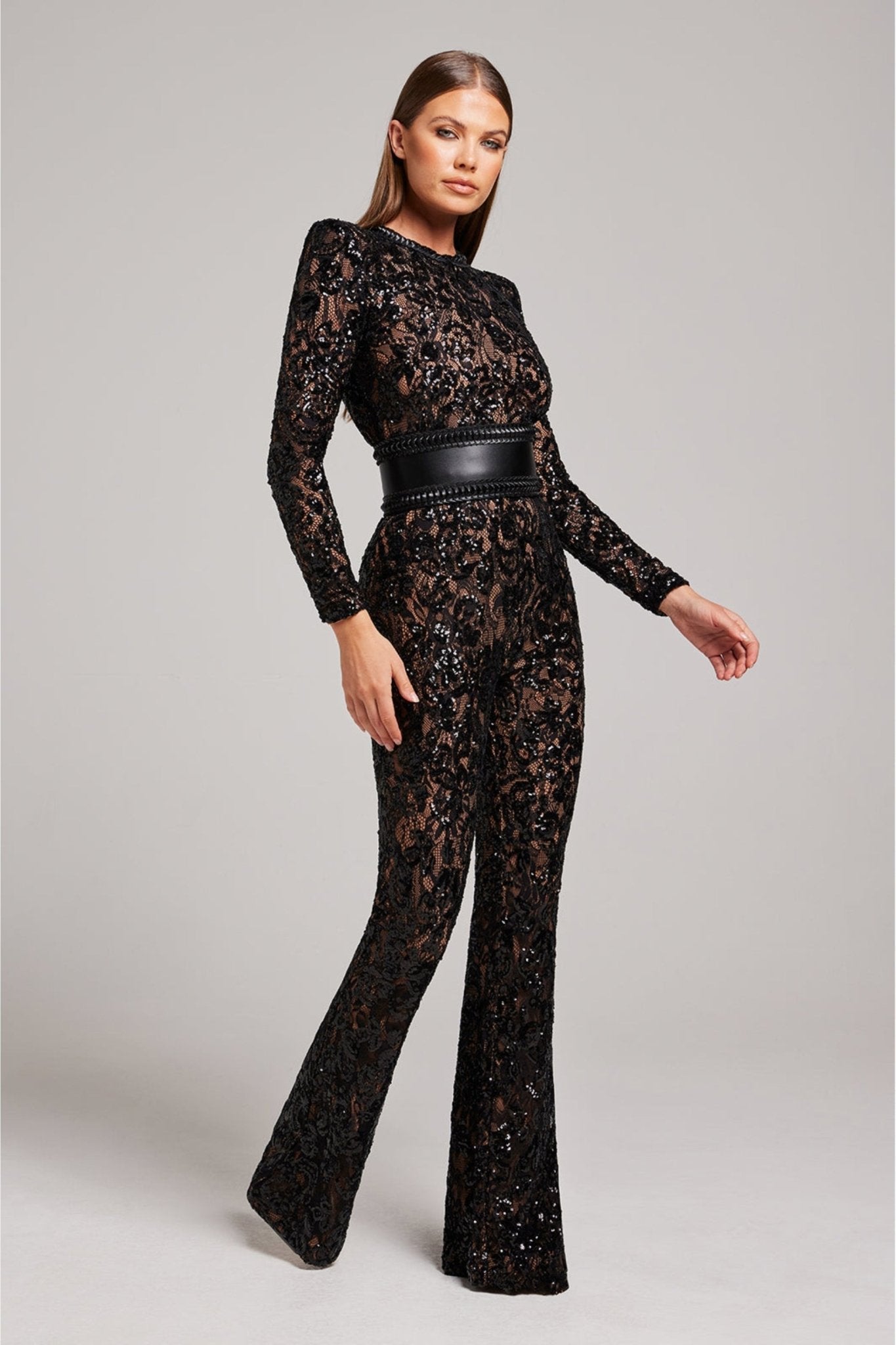 Women's Sequin Lace Long Sleeve Jumpsuit | Sheer Accents & Flared Trousers for Parties