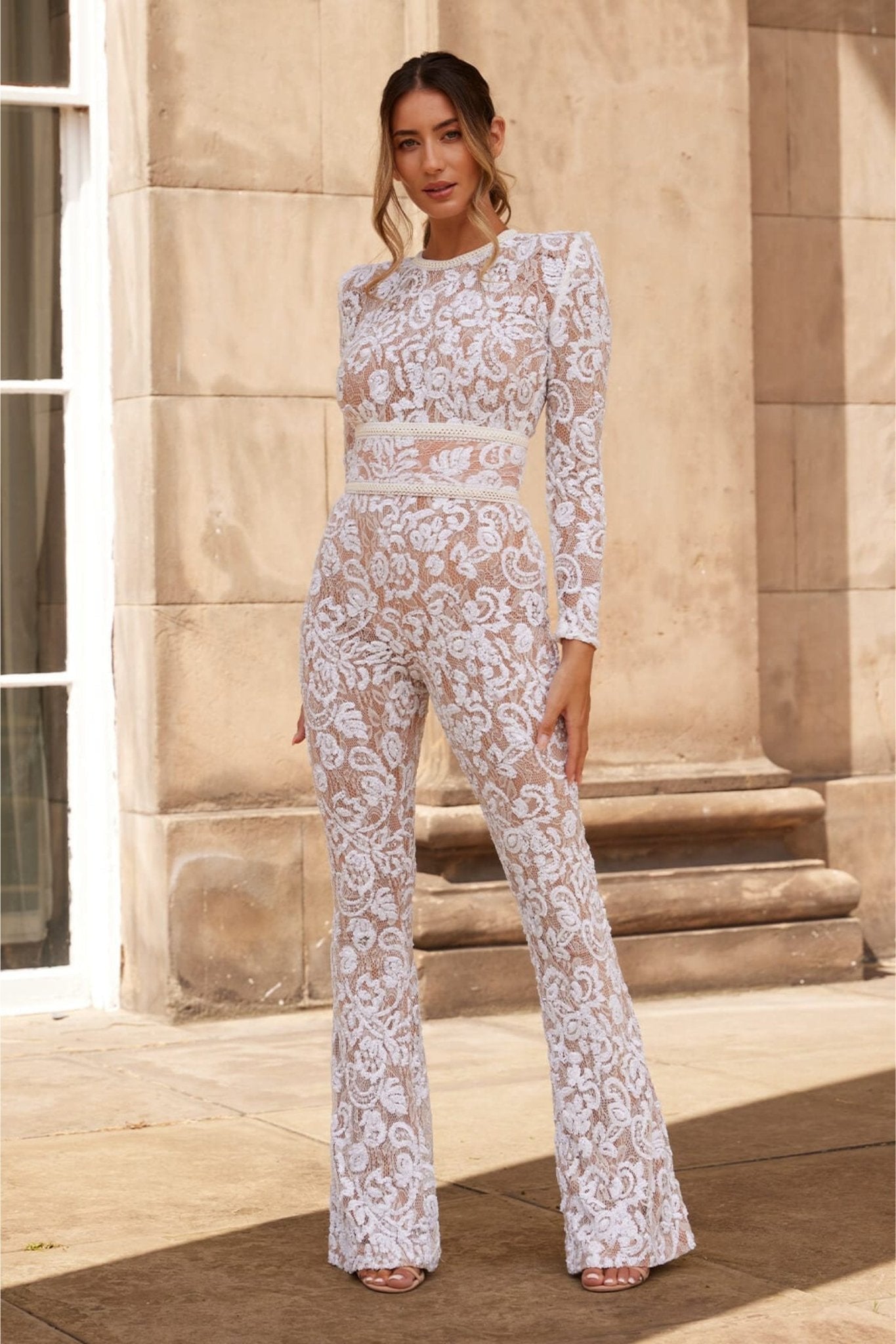 Women's Sequin Lace Long Sleeve Jumpsuit | Sheer Accents & Flared Trousers for Parties