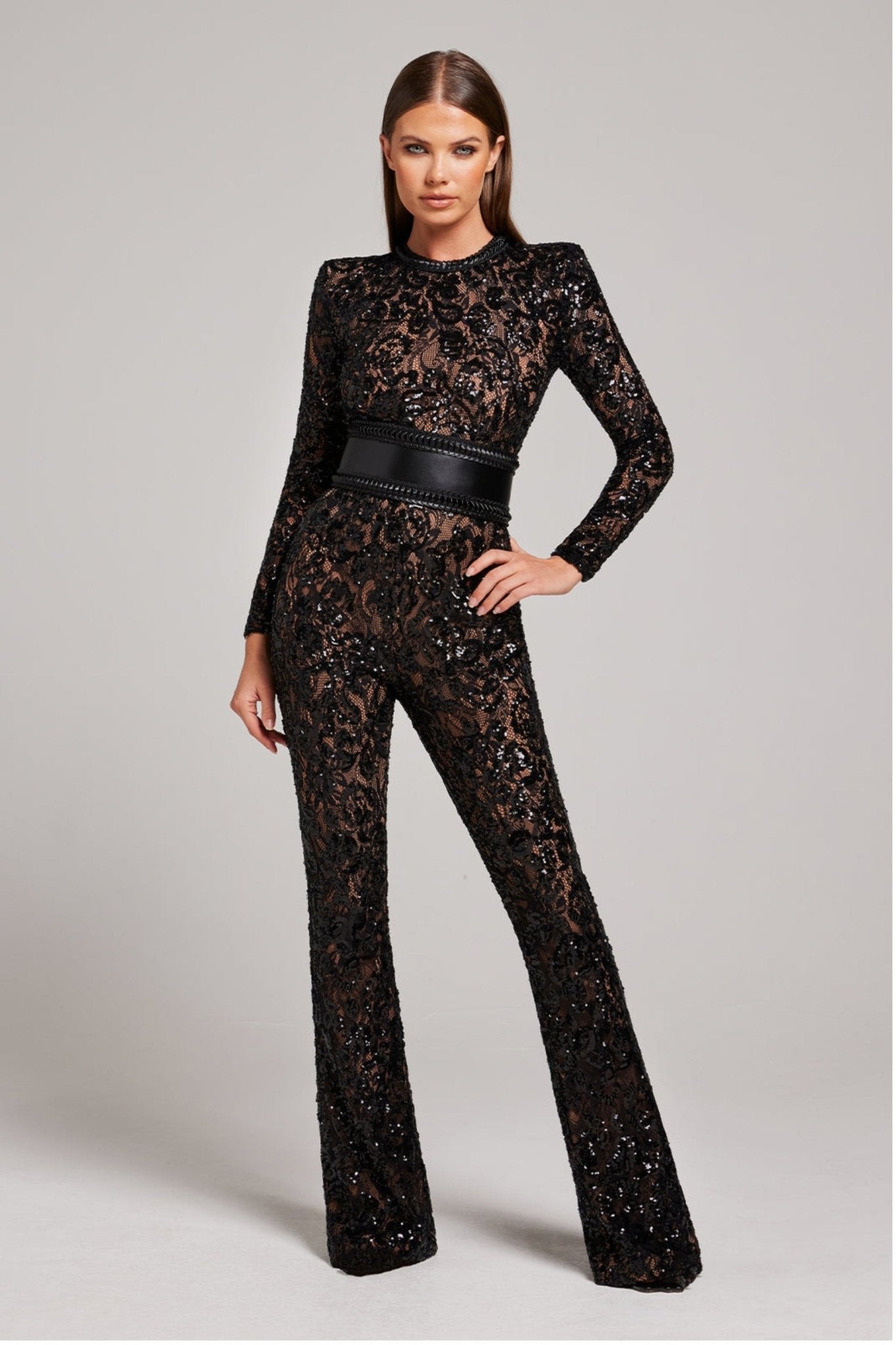 Women's Sequin Lace Long Sleeve Jumpsuit | Sheer Accents & Flared Trousers for Parties